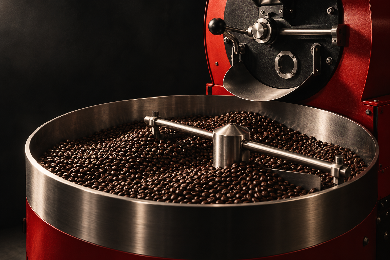 Editorial illustration of roasted coffee in the cooling tray of a red drum roaster
